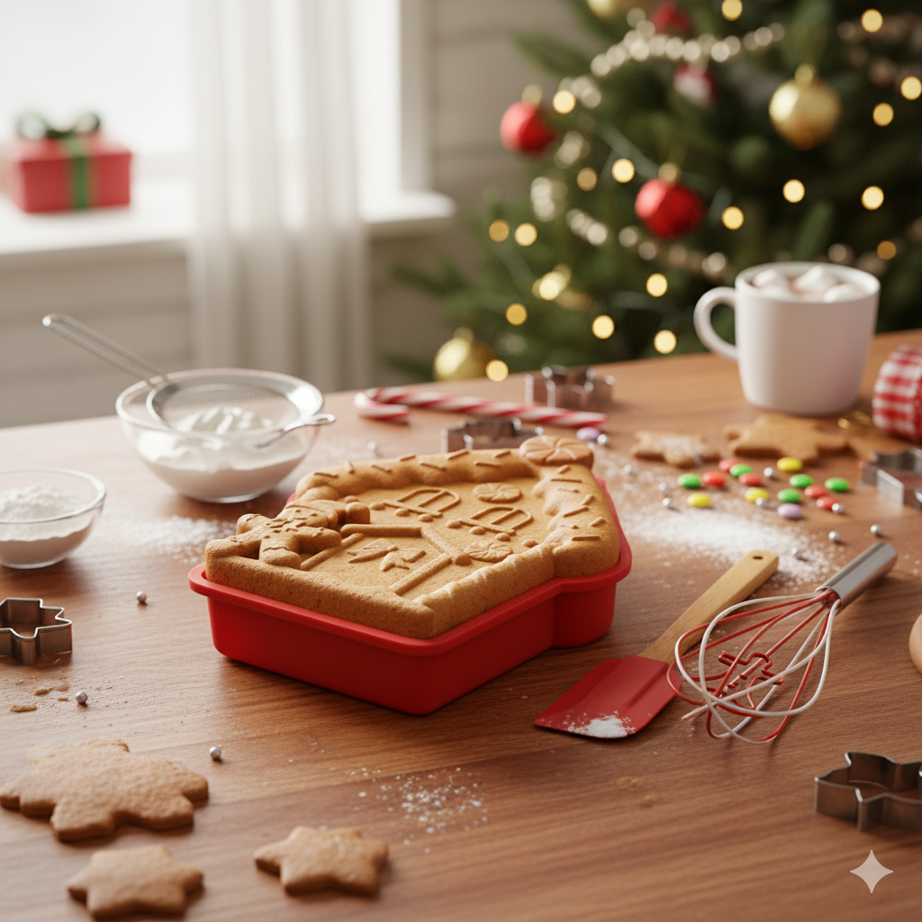 VESTIAMO CASA GRAN NATALE - Set Pasticceria Natalizio 3 Pezzi - Con stampino in silicone, frusta in acciaio e spatola